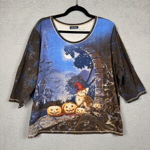 Basic Editions Top‎ Womens 2X Blue Halloween Cat Lady Witch Bats Spiderweb Cozy